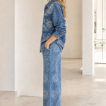 Vintage Paisley Print Denim Shirt and Wide-Leg Pants Set