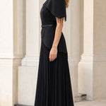 Elegant Beaded Capelet Pleated Maxi Evening Dress