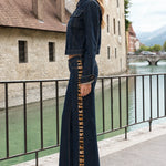 Women's Cropped Denim Jacket and Animal Print Stripe Flare Pants Two-Piece Set