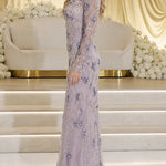 Embellished Long Sleeve Evening Gown with Feather Accents