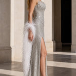 Strapless Embellished Sequin Maxi Evening Gown with Thigh Slit