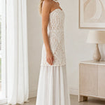 Strapless Embroidered Lace Drop Waist Maxi Dress