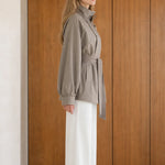 Women's High Neck Belted Short Trench Jacket with Lantern Sleeves