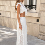 Boho Lace Ruffle Two-Piece Crop Top and Wide Leg Pants Set