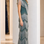Vintage Art Deco Beaded Fringe Evening Gown | High Neck Maxi Formal Dress