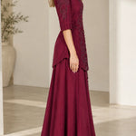 Embroidered 3/4 Sleeve A-Line Maxi Evening Gown with Mandarin Collar