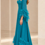 Sweetheart Neckline Tiered Tulle Ruffle Sleeve Evening Gown