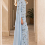 Embellished Cape Sleeve Evening Gown with Front Slit
