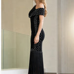 Off-the-Shoulder Pearl Embellished Fringe Hem Maxi Evening Dress