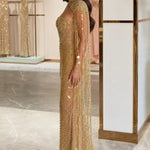 Sequined Beaded Mermaid Evening Gown with Beaded Fringe Capelet
