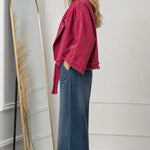 Women's Cropped Frayed Hem Denim Moto Jacket with Lapel Collar