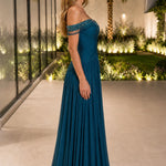 Off-The-Shoulder Beaded Fringe Ruched Chiffon Evening Gown