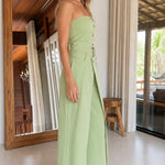 Strapless Button-Front Top and Pleated Wide-Leg Pants Two-Piece Set