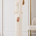 Elegant Embroidered Peplum Skirt Suit with Pearl Embellishment