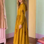 Women's Long-Sleeve Embroidered Midi Dress with Button Front