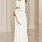 Embellished Off-Shoulder Halter Neck Satin Maxi Dress with Bell Sleeves