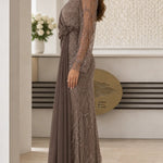 Elegant Beaded Chiffon Evening Gown with Draped Cape Sleeve