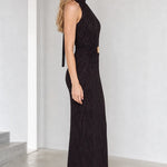 High Neck Sleeveless Glitter Textured Maxi Dress with Waist Ornament