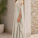 Off-the-Shoulder Pleated Yoke Kaftan Maxi Dress with Slit Cape Sleeves