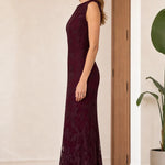 Sleeveless Floral Lace Mermaid Maxi Dress with Boat Neckline