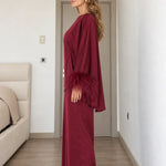 Satin Feather Cuff Two-Piece Top and Wide-Leg Pants Set