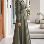 Lace-Sleeve Trench Maxi Coat Dress with Matching Belt