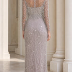 Elegant High-Neck Beaded Long Sleeve Evening Gown