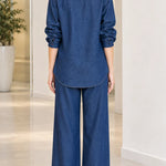 Women's Floral Embroidered Denim Shirt and Wide-Leg Pants Set