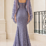 Floral Lace Cape Sleeve Mermaid Evening Gown with Corset Bodice