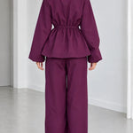 Women's Drawstring Peplum Zip Jacket and Wide-Leg Pants Two-Piece Set