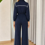 Women's Contrast Piping Zip-Front Wide-Leg Jumpsuit with Drawstring Waist
