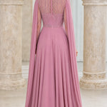 Elegant Beaded High-Neck Chiffon Evening Gown with Cape Sleeves