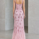 Sequined Corset Evening Gown with Bow Straps and Feather Hem