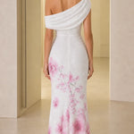 One-Shoulder Draped Sequin Floral Long Evening Gown