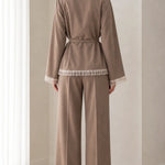 Lace Trim Wrap Blazer and Wide-Leg Pants Two-Piece Suit Set