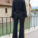 Women's Cropped Denim Jacket and Animal Print Stripe Flare Pants Two-Piece Set