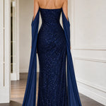 Strapless Sequin Floor-Length Evening Gown with Draped Cape Sleeves and Slit