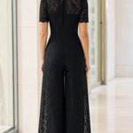 Elegant Floral Lace Overlay Wide-Leg Pantsuit with High Neck & Short Sleeves