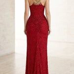 Beaded Corset Evening Gown with High Slit and Draped Waist