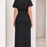 Women's Asymmetrical Neckline Polka Dot Midi Dress with Ruched Buckle Detail