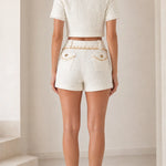 Elegant Tweed Two-Piece Crop Top and High-Waist Shorts Set with Pearl Accents
