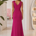 Elegant V-Neck Ruffled Slit Evening Gown with Beaded Floral Detail
