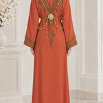 Embroidered Moroccan Kaftan Maxi Dress with Ornate Waist Belt
