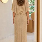 Glitter Sequin V-Neck Cape Sleeve Evening Maxi Dress