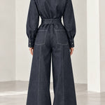 Women's Contrast Stitch Wide-Leg Denim Jumpsuit with Belt