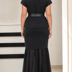 Elegant Belted Peplum Top and Chiffon Hem Mermaid Skirt Set