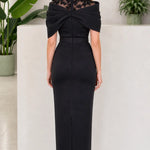 Beaded Illusion Neckline Draped Shoulder Evening Maxi Dress with Slit