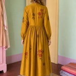 Women's Long-Sleeve Embroidered Midi Dress with Button Front