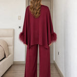 Satin Feather Cuff Two-Piece Top and Wide-Leg Pants Set