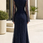 High Neck Sequin Lace Evening Gown with Long Sleeves